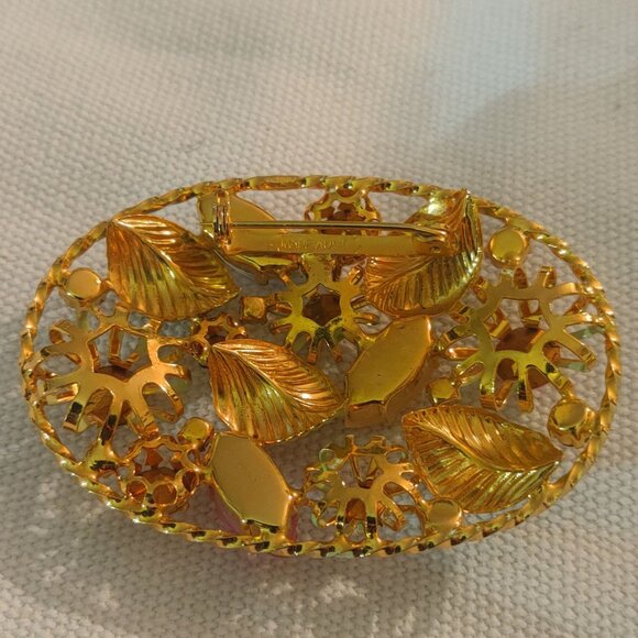 Austria Gold-Tone Rhinestone Floral Brooch Clip On Earrings Set Vintage Stamped - Picture 4 of 11